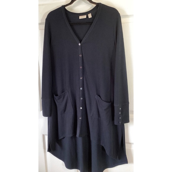 LOGO By Lori Goldstein Long Black Lagenlook Cardigan Duster Pockets MP - Picture 2 of 5